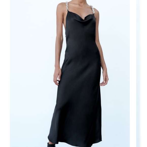 Zara * Chain Strap Satin Effect Slip Midi Dress Black - Picture 12 of 16